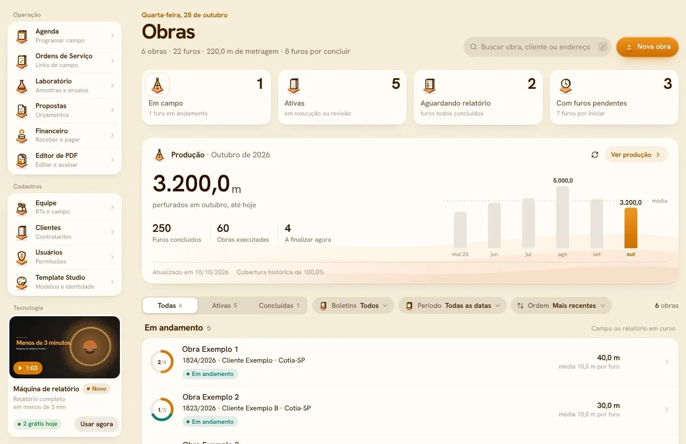 Painel de obras do Sondarmais com a produção do mês e as obras em andamento