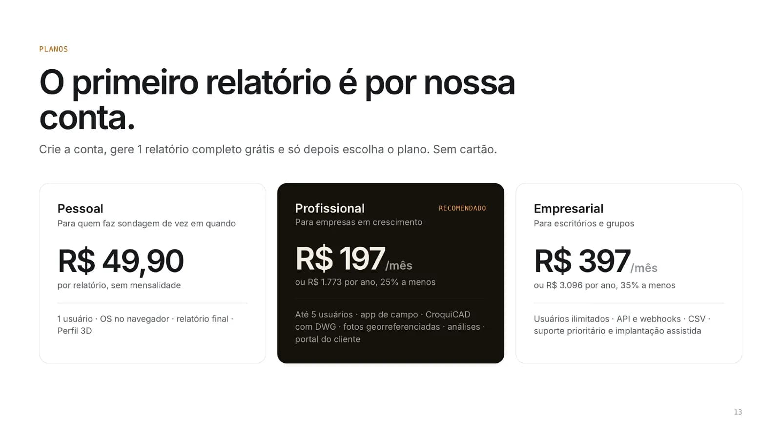 Planos: o primeiro relatório é por nossa conta